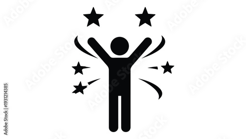 A person celebrating with their arms raised and stars around them isolated on white background, Vector