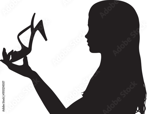 Print Woman holding high heel shoe silhouette, fashion concept, black and white