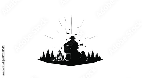 Lone camper silhouetted by a warm campfire under a starry night sky