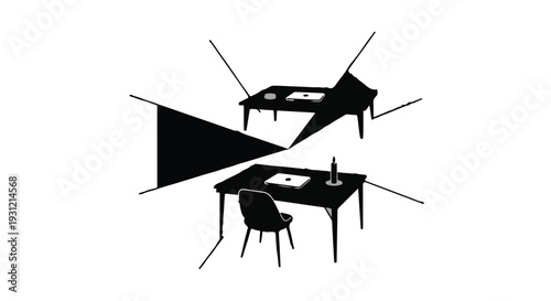 Abstract representation of two desks in separate spaces, conveying connection and distance
