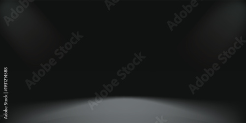 Black studio room. Limbo dark grey spotlight background. Abstract 3d backdrop for product presentation. Minimal wall scene. Showcase, promotion display. Vector stage mockup illustration