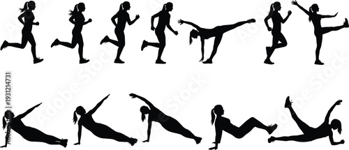 Fitness exercise silhouettes, vector illustration showing running, stretching, planks, kicks, balance poses, seated positions, and dynamic workout movements