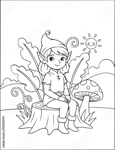 Coloring book illustration with a cute elf sitting on a stump in the forest