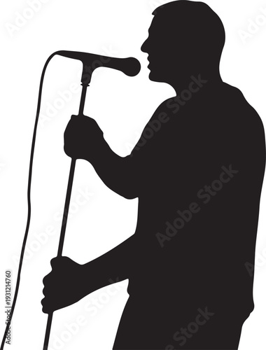Print Man singing into microphone, black silhouette, music performance