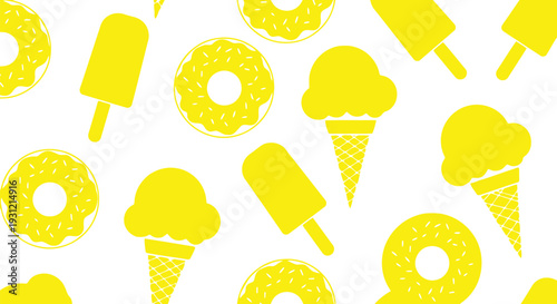 Yellow dessert vector pattern with ice cream, donuts, and popsicles seamless background