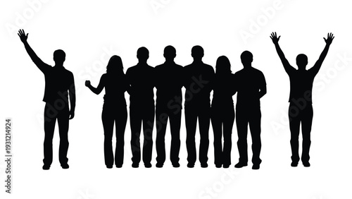 A group of people standing together with some arms raised isolated on white background, Vector