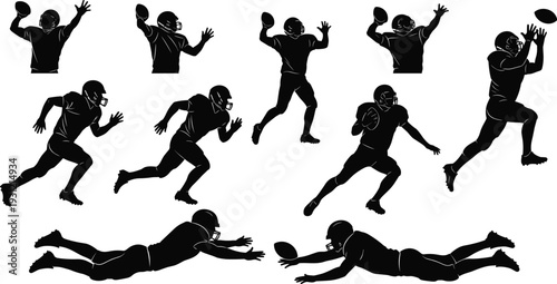 Silhouettes of American football players action poses throwing catching running diving athletic movement sport design illustration