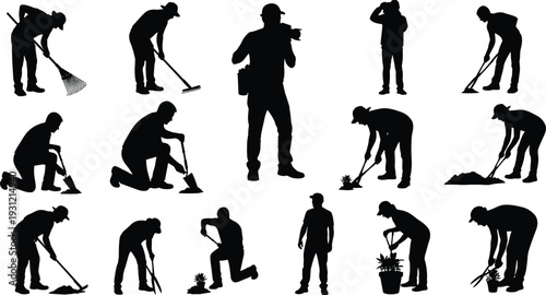 Gardening silhouettes illustration, people working outdoors, planting, watering, raking, digging, landscaping activities, vector design, black human figures