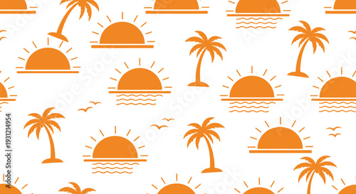 Seamless tropical sunset vector pattern with palm trees and sun silhouettes in orange on white