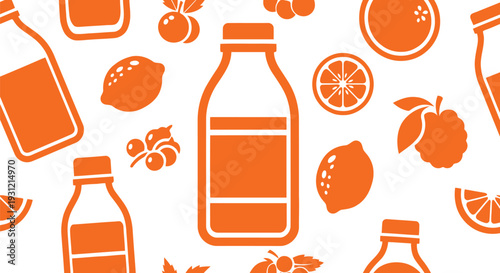 Orange juice bottle and fruit seamless vector pattern for packaging and branding design