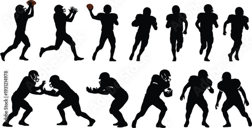 Silhouettes of American football players in dynamic action poses, sports activity concept, athletic motion study, gameplay illustration design
