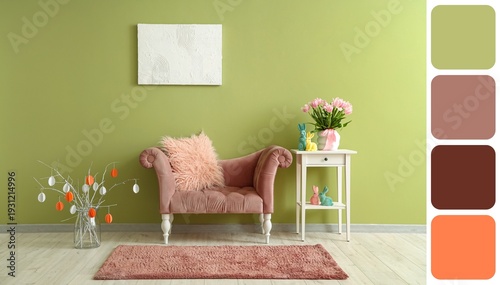 Interior of living room with pink armchair and decorations for Easter celebration. Different color patterns
