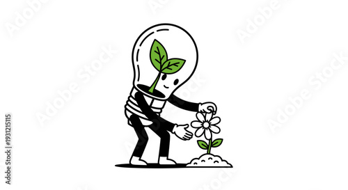 Personified lightbulb character with sprouting plant inside tending to a small blooming flower on dirt mound