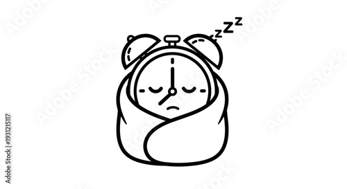 Sleeping alarm clock wrapped in blanket exhausted timepiece symbolizing burnout and overwork peaceful rest concept