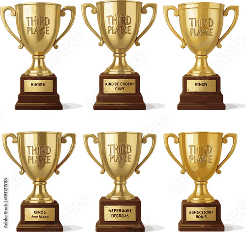Create a kinds of deferent realistic Third place trophy cup vector art with white background.