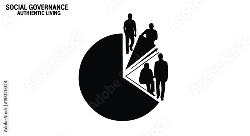 Diverse group of people standing on a pie chart representing social balance and community.