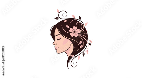 Elegant profile of a woman with flowers and leaves adorning dark hair symbolizing beauty nature and femininity