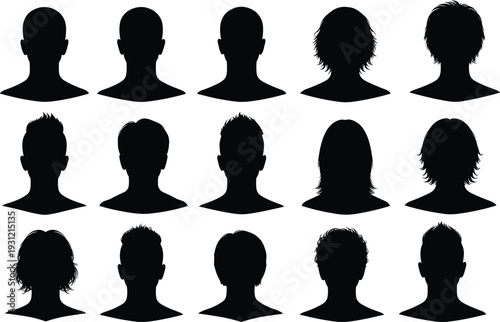 Grid of fifteen black silhouette human head profiles, distinct hairstyles, diverse shapes, avatar design, identity comparison, character modeling illustration