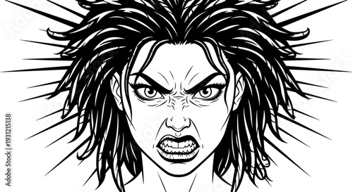 Furious woman's face extreme anger aggressive expression clenched teeth snarling wild hair dramatic black and white