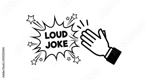Comic book style illustration of a loud joke with stars and sound effects accompanied by a clapping hand symbol