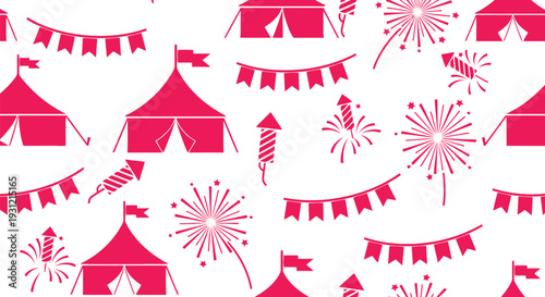 Circus Tent Vector Pattern with Fireworks and Bunting in Pink Seamless Festival Design