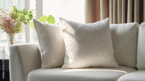 Close-up mockup of a pillow with a plain white cover surrounded by beige cushions, ideal for showcasing fabric patterns, embroidery, or home textile products.