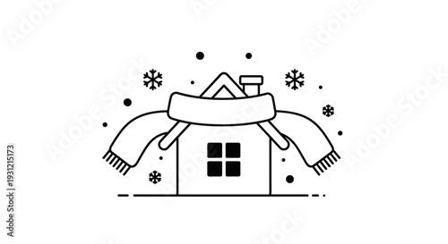 Cozy winter house illustration with a scarf wrapped around snowflakes falling and a warm chimney representing comfort