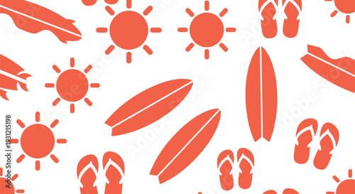Summer Beach Vector Pattern with Surfboards, Suns, and Flip Flops Seamless Background