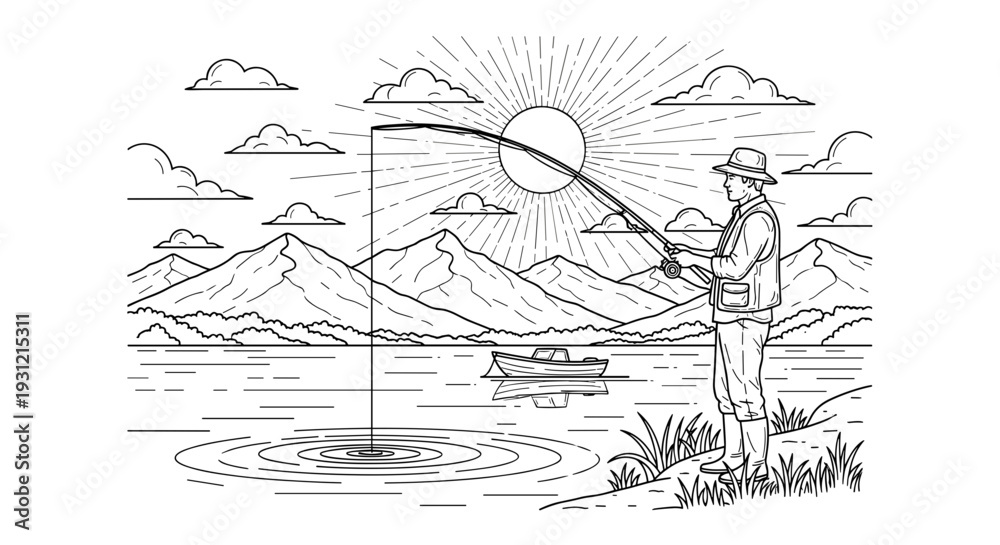 Fototapeta premium Man fishing with rod and reel on lake shore with mountains and sun rays in background serene outdoor activity and hobby