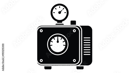 A black and white image of a pressure gauge and a timer isolated on white background, Vector