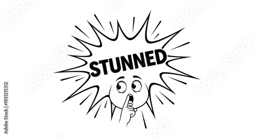 Surprised cartoon face with wide eyes and open mouth holding finger to lips in a starburst speech bubble labeled