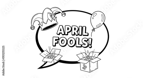 Whimsical april fools day joke concept with playful jester hat popping confetti from surprise gift boxes and floating