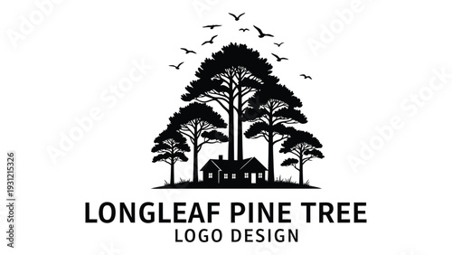 Logo design featuring longleaf pine trees and a house isolated on white background, Vector