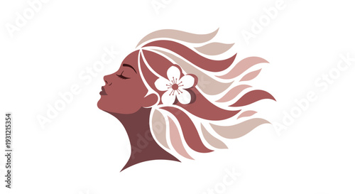 Stylized illustration of a woman's profile with flowing hair adorned by a delicate flower conveying beauty serenity