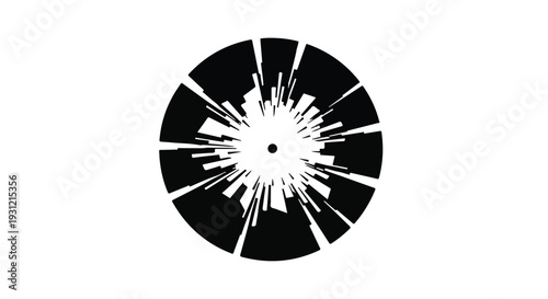 Abstract explosion of black shapes radiating from a central point on a white background.