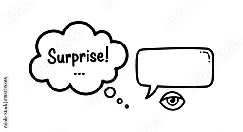 Hand drawn illustration of a thought bubble with the word surprise and an eye with a blank speech bubble conveying