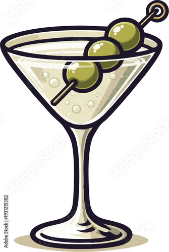 Playful Cartoon Dirty Martini with Three Shiny Green Olives on Toothpick Garnish in V-Shaped Glass, Cocktail Vector Icon
