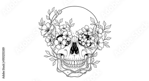Intricate line art illustration of a human skull adorned with delicate blooming flowers and leaves creating a striking