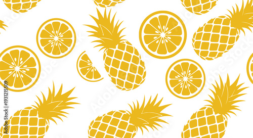 Seamless Pineapple and Citrus Vector Pattern in Yellow for Summer Design Projects