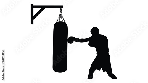 A man practicing boxing with a punching bag isolated on white background, Vector