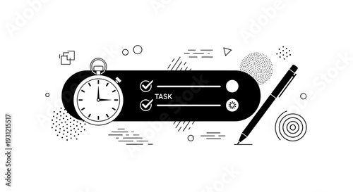 Creative graphic design of a stopwatch and checklist with pen symbolizing time management productivity and task