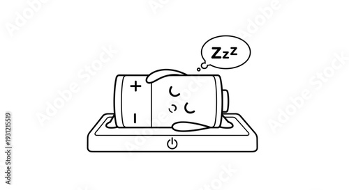 Cute cartoon battery character sleeping peacefully on a charging dock with zzz bubble representing low energy recharge