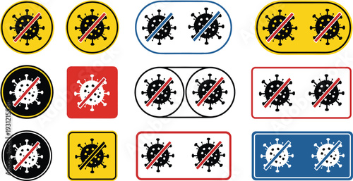 No Virus and Stop Coronavirus Icon Set with Prohibition Symbols in Circle and Rounded Frame Styles