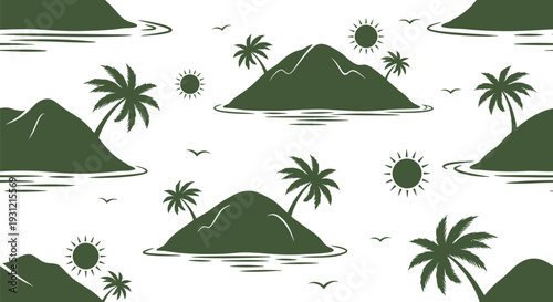 Tropical Island Vector Pattern with Palm Trees, Sun, and Ocean Seamless Background Design