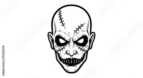 Frightening stitched monster head with sharp teeth and glowing eyes a terrifying halloween character illustration