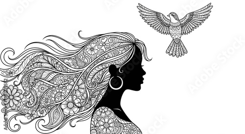 Intricate black and white illustration of a woman's profile with flowing floral patterned hair and a bird flying