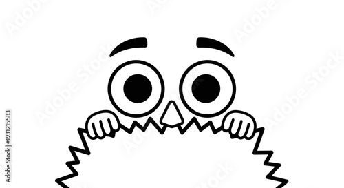 Cute cartoon monster peeking from behind a jagged edge with wide eyes expressing curiosity and slight fear simple