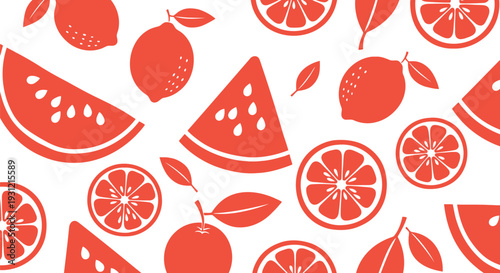 Seamless Red Fruit Vector Pattern with Watermelon, Lemon, and Orange Slices on White Background