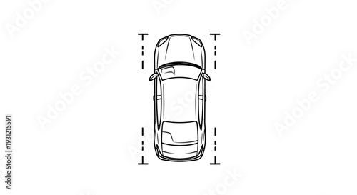 Top view schematic drawing of a modern car with dashed lines indicating width and length for automotive design