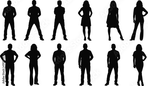 Group of people silhouettes in various standing poses, diverse attire, body language study, vector illustration, human posture art design
